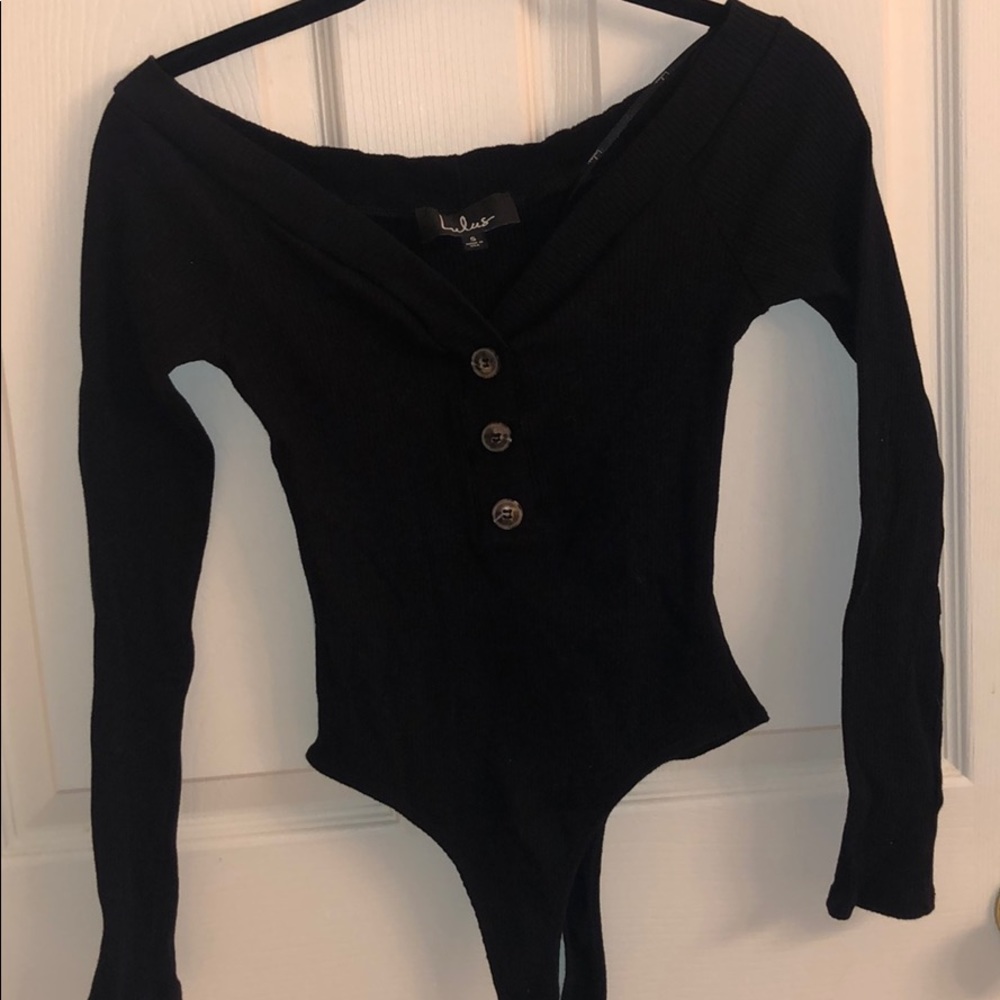 Lulus Black Ribbed Off The Shoulder Bodysuit - Picture 2 of 6